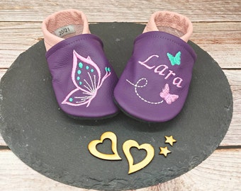 Organic leather dolls with names for baby and children (eco crawling shoes leather pattscherl) butterfly gift birth baptism girl boy