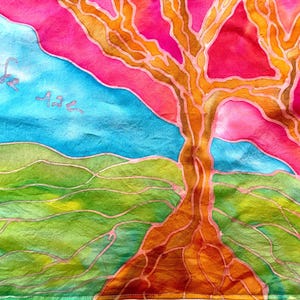 Hand-Painted Silk Challah Cover: Tree of Life, Shabbat Shalom