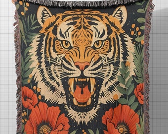 Tiger Woven Blanket: Jungle Animal Throw, Cotton Wildlife Decor