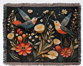 Hummingbird Woven Throw Blanket: Boho Jacquard Tapestry