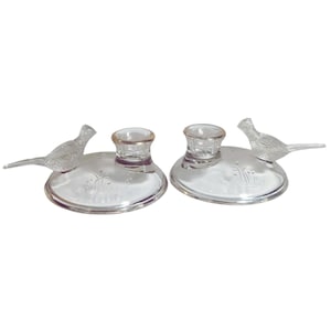Vintage Jeanette Glass Pheasant Candle stick Holders Clear Gold Rimmed Set of 2