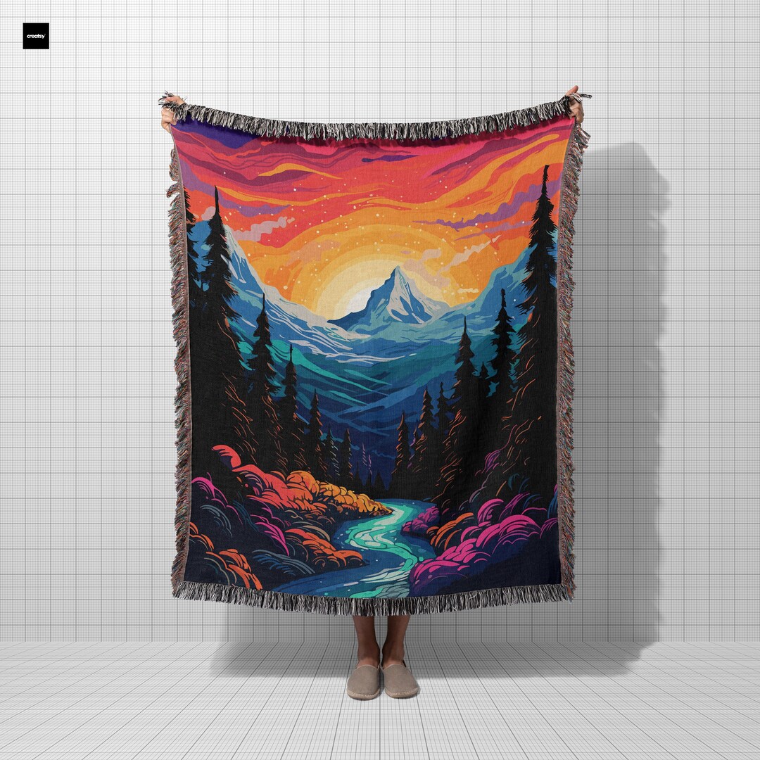 Mountain Forest Woven Blankets, Nature Blanket, Mountain Blanket