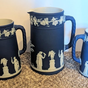 Wedgwood Jasperware Pitchers (2 Dark Blue and 1 lighter shade of Blue) Vintage Wedgwood Jasperware Pitchers, Blue Jasperware Collection