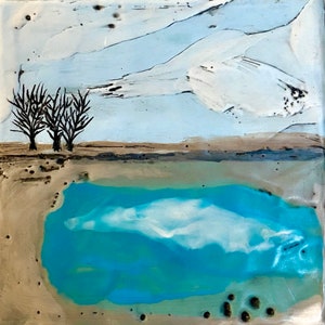 Landscape/Original encaustic painting, &quot;Lakeside&quot; mixed media, abstract, wall art, 4x4x1 on wood/Layers of wax and pigment, hand-drawn, Oil.