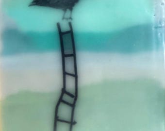 Encaustic Crow Painting, Mixed Media Wall Art, Shelf Sitter (3x3x1.5")