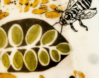 Original/encaustic/MM/"Queen Bee" //abstract,4x4 wood/ wax/pigment/ minimal, beeswax/shelf-sitter/wall art/Bees/nature