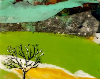 Original encaustic painting, "Winter Melt" mixed media/4x4x1.5 on wood. Layers of wax/pigment, abstract landscape, minimal, beeswax. Collage