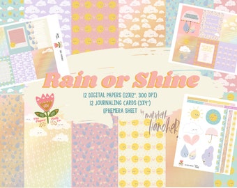 Rain or Shine-- Digital Printable Scrapbook Paper, Papercrafting Ephemera, Journaling Cards