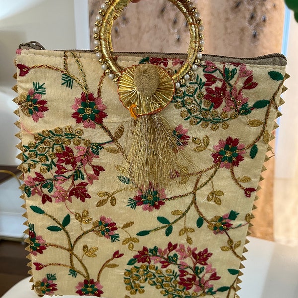 Indian thread work women handbag/purse- thread work embroidery on Silk fabric. Bangle handle. Multiple pattern.