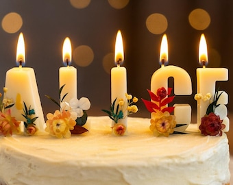 Personalized cake candles, custom name Birthday candles, letters cake toppers, unique candles with dried flowers, alphabet cake decoration