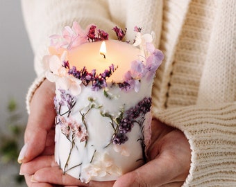 Dry flowers candle, Handmade item, Botanical candle with flowers, Rustic soy candle, Unique gift, Christmas gift, White candle