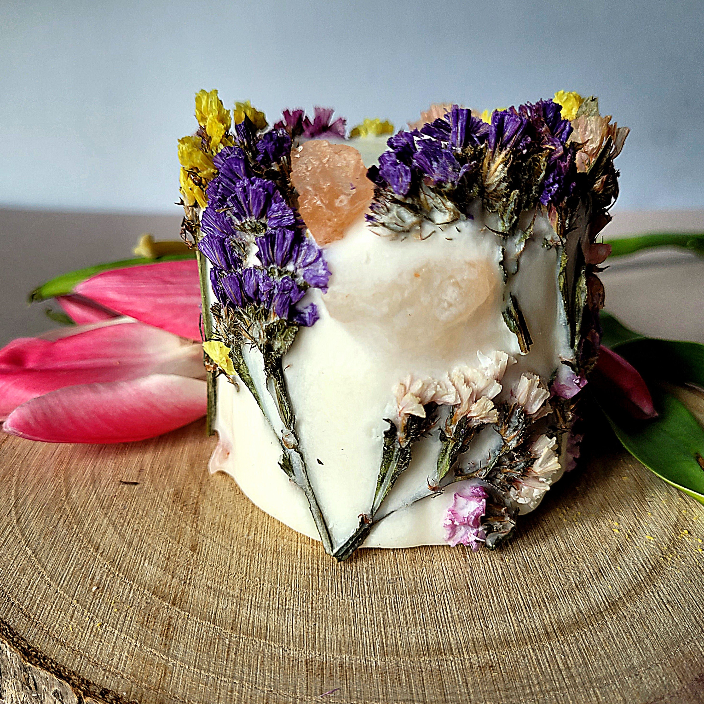 Botanical Dried Flower Candle With Crystal, Meditation Candle, Birthday