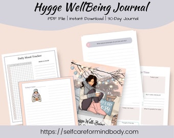 Diario de bienestar Hygge de 30 días / Diario acogedor / Diario de relajación / Diario con indicaciones / Seguimiento diario del estado de ánimo / Mis hábitos Hygge /