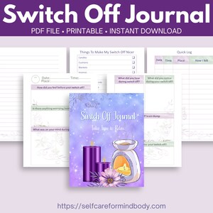Könnte beinhalten: Ein druckbares Journal mit einem lila und blauen Cover, das einen Duftölbrenner und Kerzen zeigt. Der Titel des Journals lautet "Switch Off Journal: Take Time to Relax".