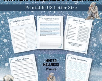 Pode incluir: Um planejador de bem-estar de inverno imprimível com um esquema de cores azul e branco. O planejador inclui seções para rotinas diárias de autocuidado, um treino de inverno de 30 dias, atividades de inverno, intenções de bem-estar e acompanhamento de hábitos saudáveis. A capa apresenta uma menina com um casaco de inverno sentada em um chão nevado com um fundo de flocos de neve.