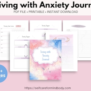 May include: A printable PDF journal with a watercolor background in shades of pink, blue, and yellow. The cover features the text "Living with Anxiety Journal". The journal is designed to help people manage anxiety and includes pages for tracking triggers, habits, and journaling.