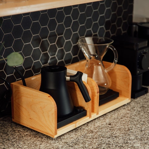 Cafetera de madera hecha a mano para preparar café vertido: Bandeja minimalista para café, 2 compartimentos