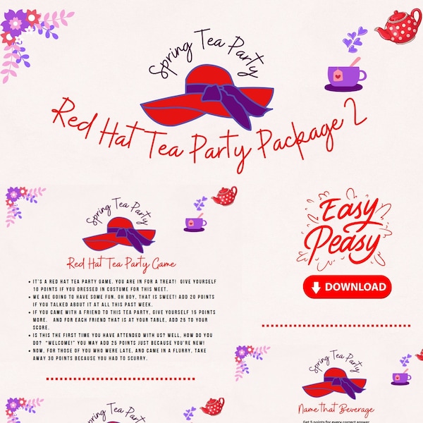 Red Hat Tea Party Game Package 2 - INSTANT DOWNLOAD