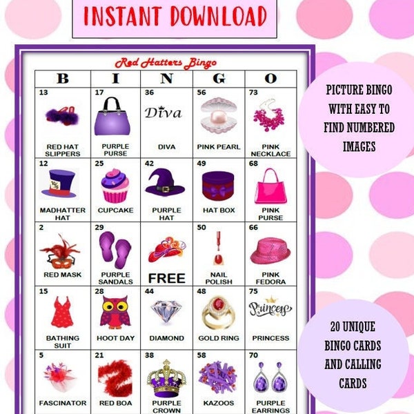 Red Hatters Bingo Cards - Instant Digital Print