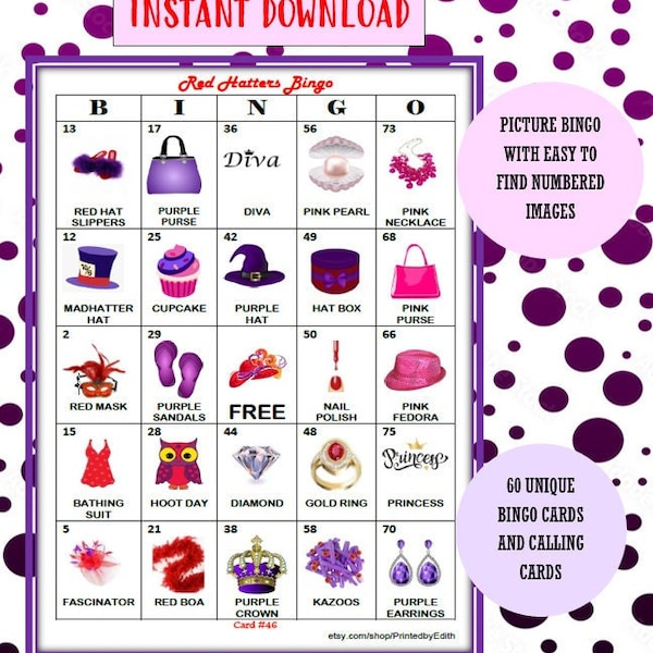 Red Hatters Bingo Cards - 60 Cards