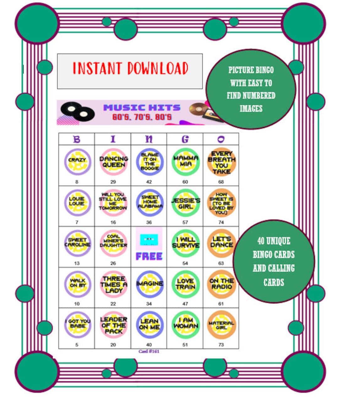 Music Hits Bingo Cards 60's, 70's, 80's Etsy