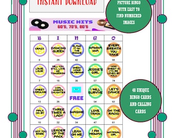 Music Hits Bingo Cards - 60's, 70's, 80's