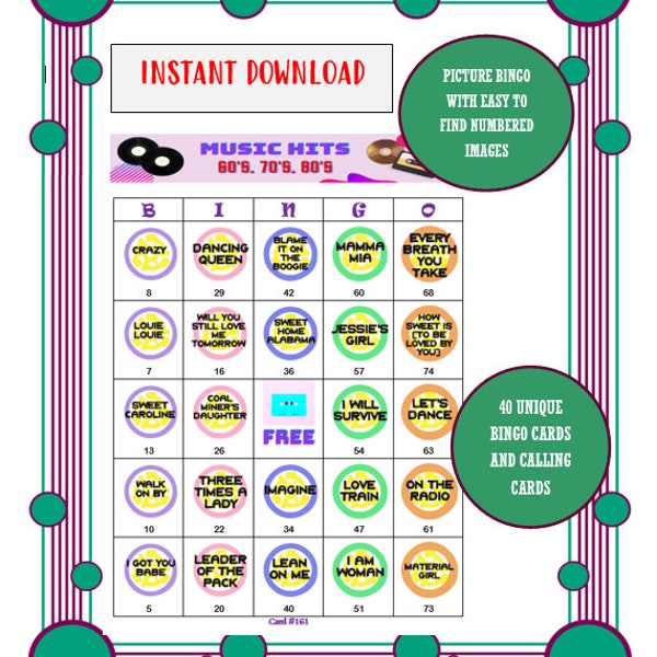 Musique Hits Bingo Cards - 60's, 70's, 80's