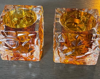 Nachtmann Crystal and Amber Ice Cube Candle Holders