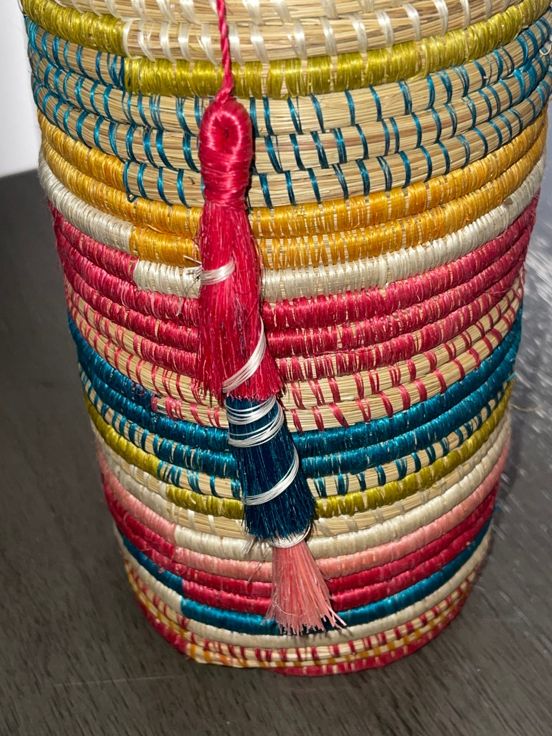 Colorful Rwandan Sweet Grass Basket With Lid and Tassle Etsy