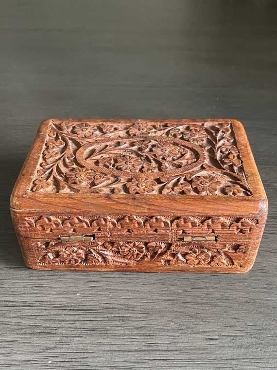 Hand Carved Wooden Box with Hinged Lid