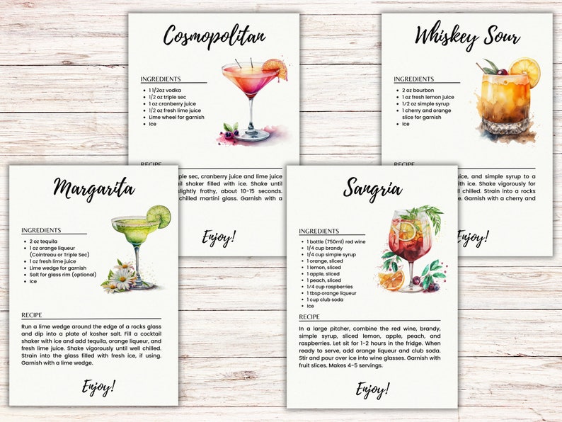 10 Cocktail Recipe Cards Canva Template Printable Drink Cards