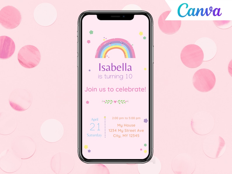 DIY Digital Rainbow Party Invitation Canva Template Electronic Girl