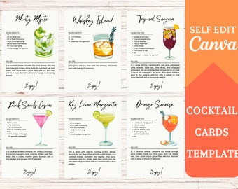 Modèle Canva de carte de recette de cocktail bricolage | Cartes de boissons imprimables | Recettes de cocktails de modèles numériques en ligne modifiables | Bar Restaurant Fête