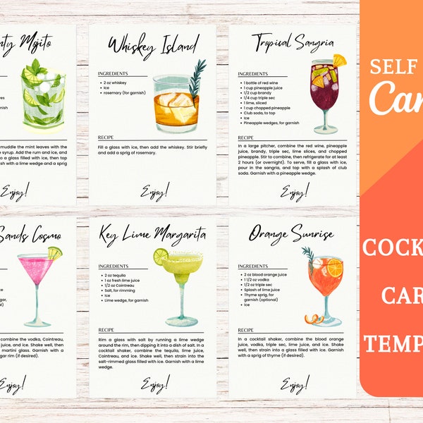 DIY Cocktail Recipe Card Canva Template | Printable Drink Cards | Editable Online Digital Template Cocktail Recipes | Bar Restaurant Party