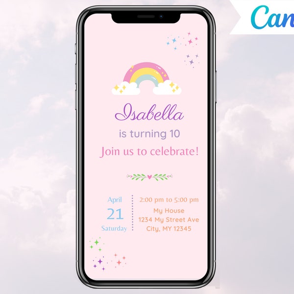 Digital Bunte Regenbogen Party Einladung | DIY Canva Vorlage | Geburtstags-Einladung | Handy Text Party-Email,Sms Evite