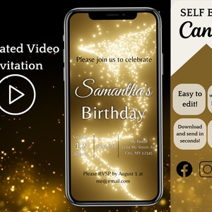 DIY Gold Sparkle Geburtstagsparty Videoeinladung Vorlage | Digitale Leinwand Einladen | Animierte Geburtstags Evite | Text-SMS-Email | Elektronisch
