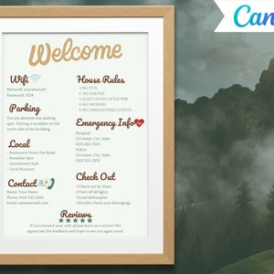 Szablon znaku powitalnego Airbnb | 1-stronicowy przewodnik powitalny | Znak z instrukcjami wymeldowania i zameldowania w Airbnb | Zasady domu | Szablon cyfrowy Canva