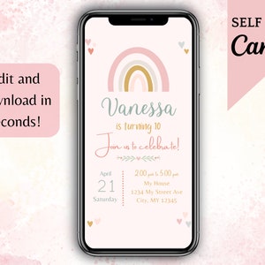 Digital Rainbow Birthday Party Invitation DIY | Canva Template | Electronic Invite | Girls | Mobile Phone Text Party Email SMS Evite