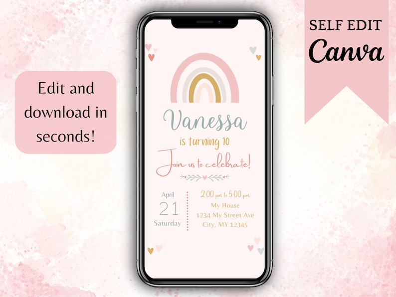 Digital Rainbow Birthday Party Invitation DIY Canva Template Electronic