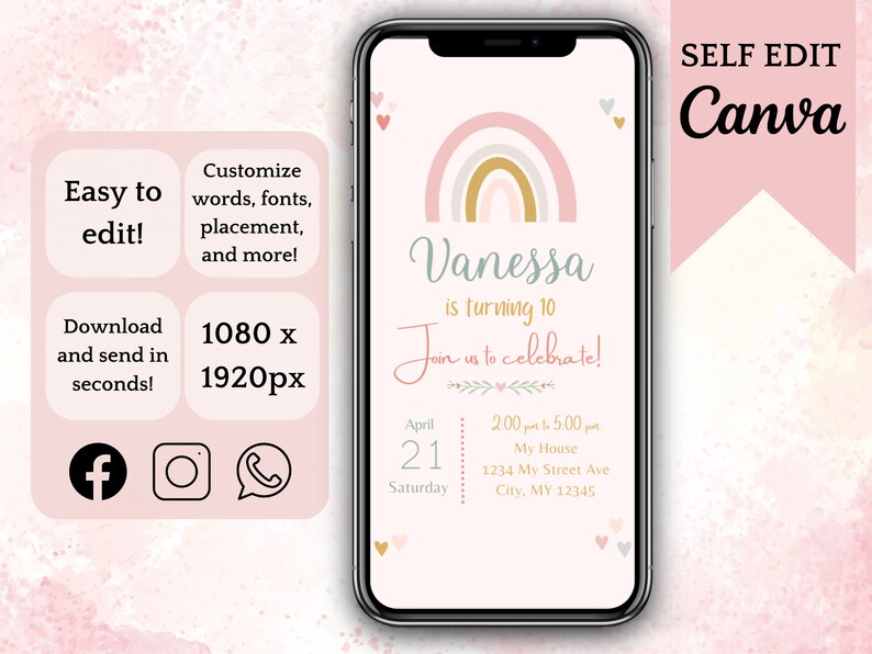 Digital Rainbow Birthday Party Invitation DIY Canva Template Electronic