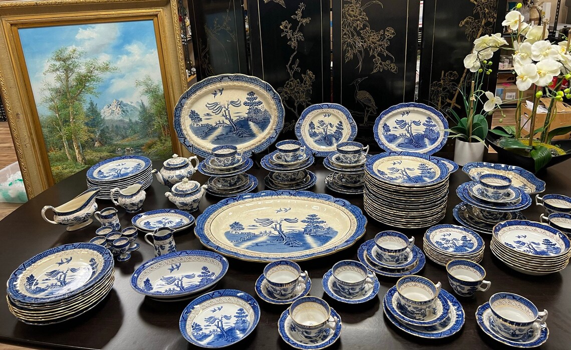 HUGE ANTIQUE SET real Old Willow Dinner Set. 128 Pieces Etsy