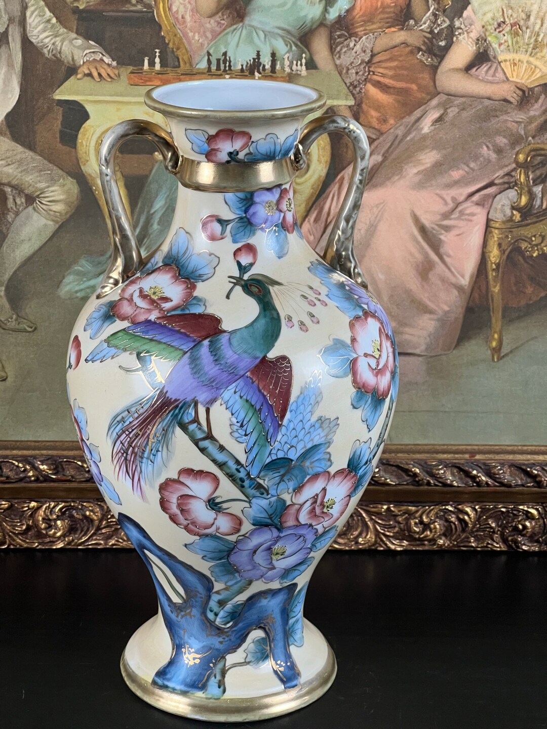 AMAZING Nippon 2 Handled Vase With Exotic Flower and Pheasant Etsy