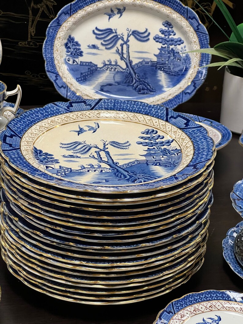 HUGE ANTIQUE SET real Old Willow Dinner Set. 128 Pieces Etsy
