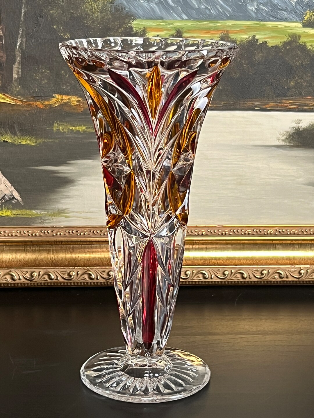 Vintage Cut to Clear Ruby and Yellow Glass Flower Vase Etsy