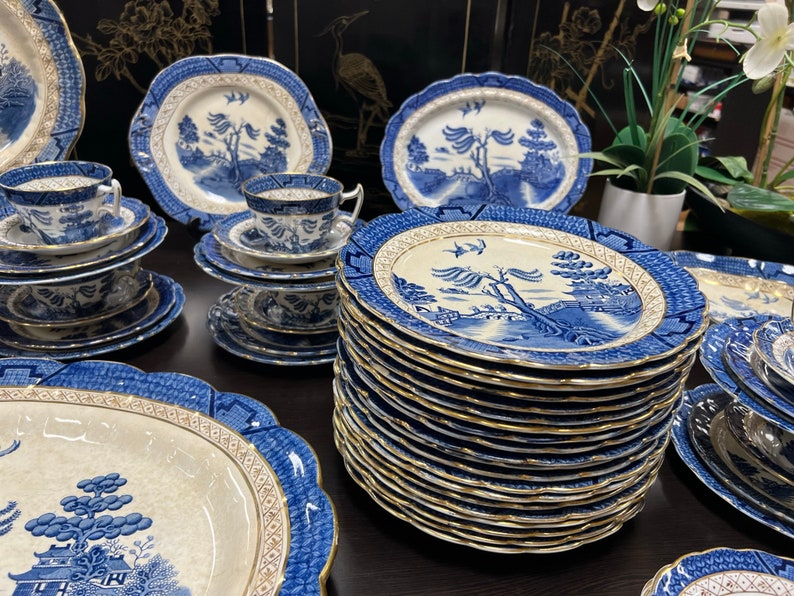 HUGE ANTIQUE SET real Old Willow Dinner Set. 128 Pieces Etsy