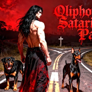 May include: Digital artwork featuring a man with long black hair and two dogs on a road with a cross. The text "Oliphothic Satariel Pact" is in red, dripping letters. The background is a red sky.