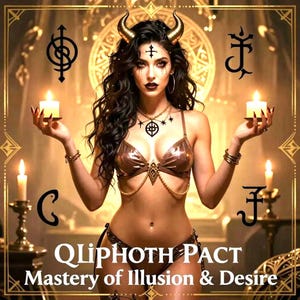 Puede incluir: Ilustración digital de una mujer con cabello oscuro, cuernos dorados y una cruz en la frente. Lleva un bikini bronce y sostiene velas encendidas. El texto "Qlipoth Pact: Mastery of Illusion & Desire" está en la parte inferior.