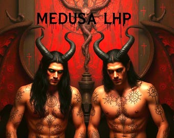 May include: Digital art featuring two shirtless figures with black horns, tattoos, and long black hair. The figures have green eyes and are set against a red background with the text "MEDUSA LHP" at the top.
