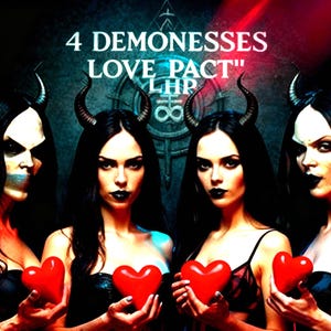 May include: Four figures with dark hair, horns, and black lipstick, holding red heart-shaped objects. The image has the text "4 Demonesses Love Pact" at the top. The overall theme is gothic and dark, with a striking visual impact.