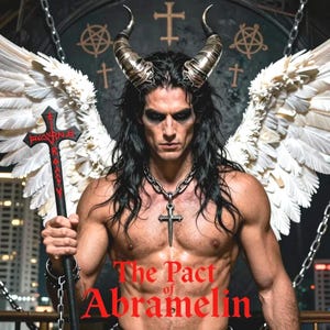 Könnte beinhalten: Eine Person mit langen schwarzen Haaren, die eine silberne Kreuzkette und silberne Hörner trägt, mit weißen Federnflügeln. Die Person hält ein schwarzes Kreuz mit rotem Text. Der Text "The Pact of Abramelin" wird in Rot angezeigt.